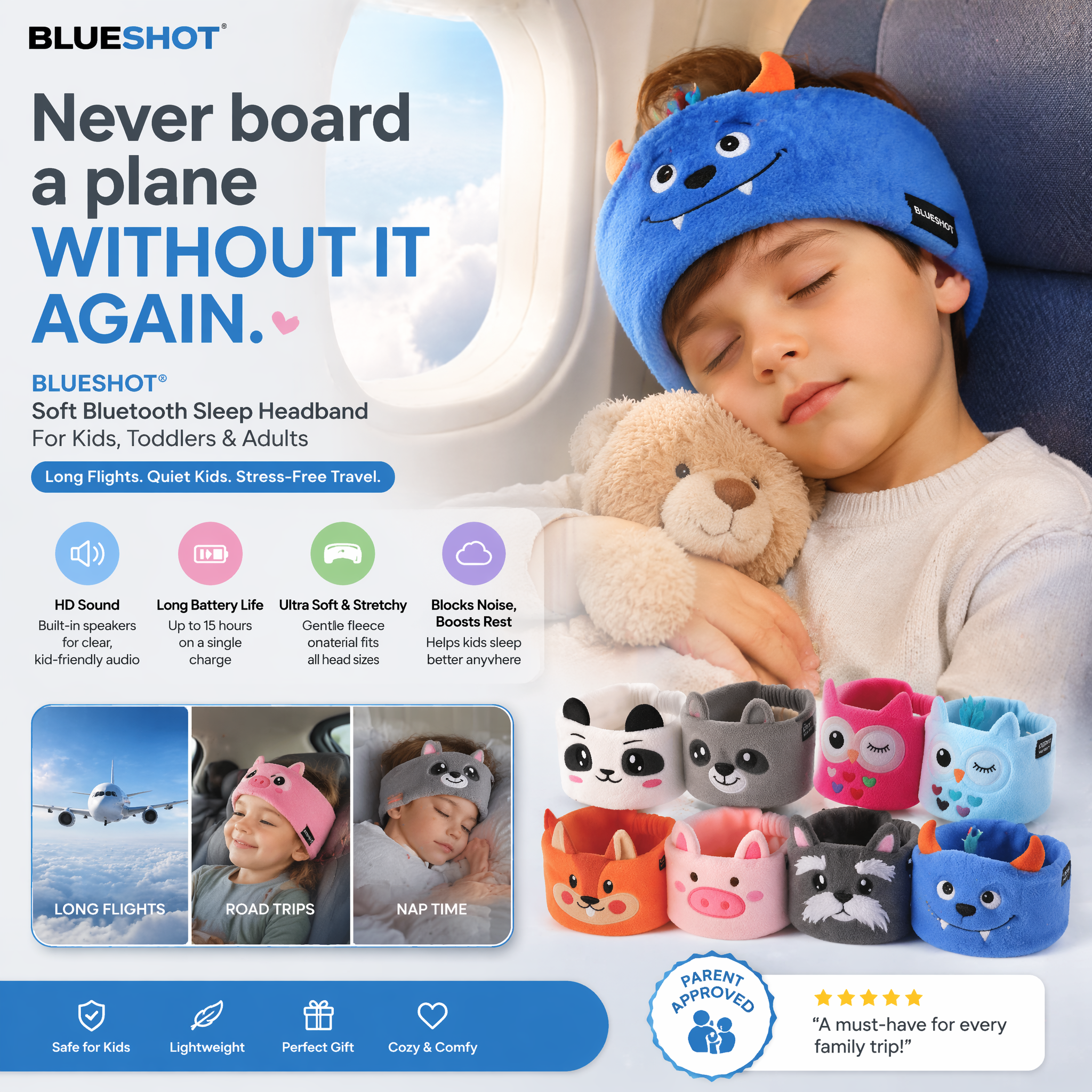 💎Nectavira® 👶🏻 Soft Bluetooth Sleep Headband For Kids, Toddlers & Adults Long Flights. Quiet Kids. Stress-Free Travel.