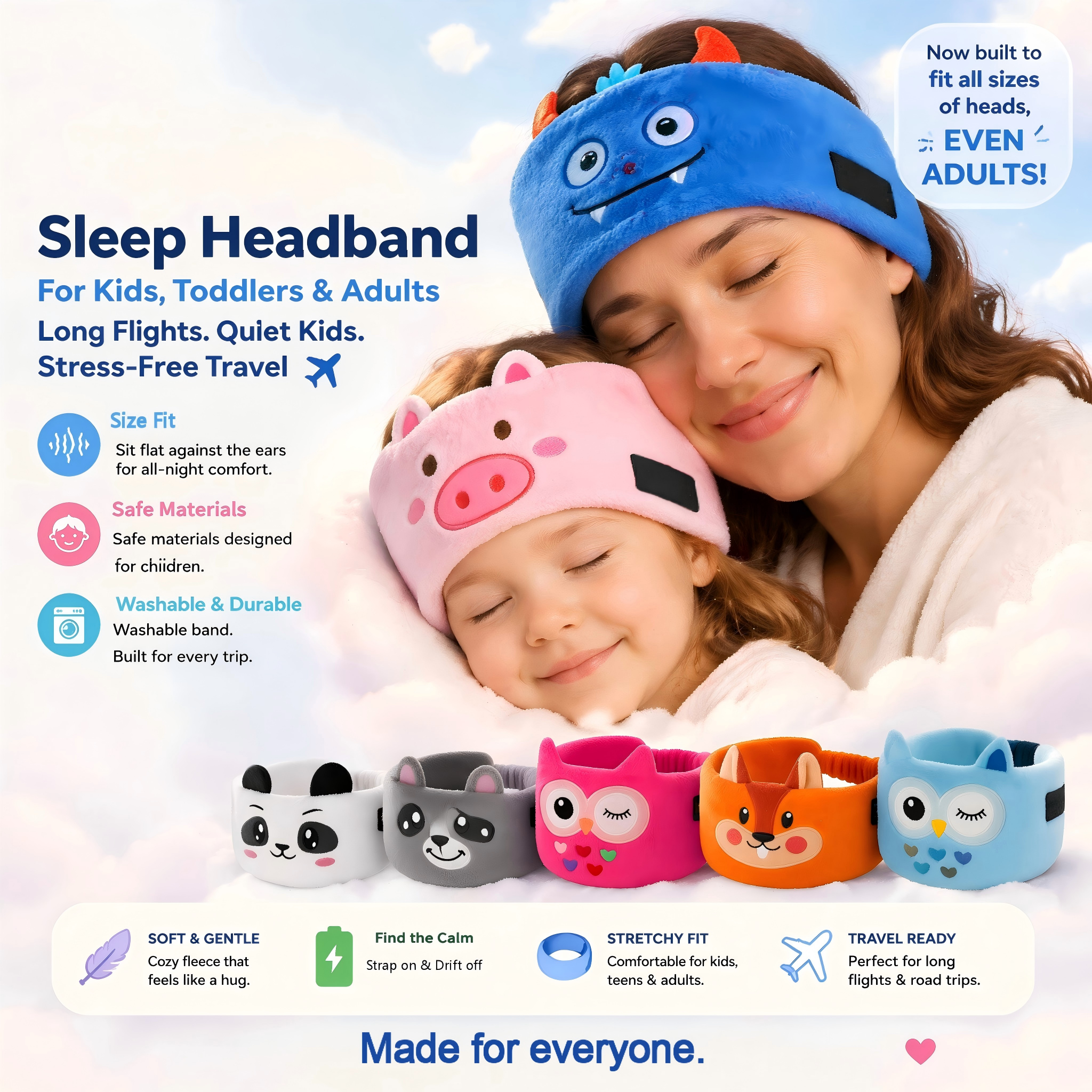 👶🏻 A soft sleep headband designed for children, toddlers, and adults—perfect for long-haul flights. Help your child fall asleep peacefully and enjoy a worry-free trip.